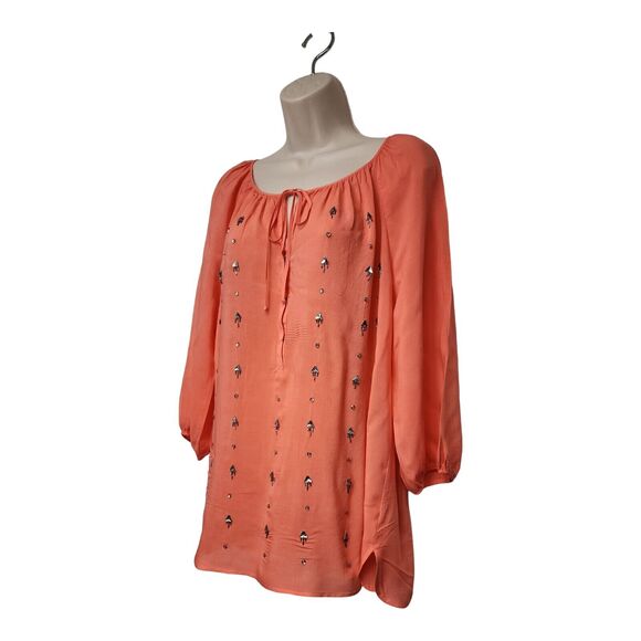 JCP JPPenny Round Neck Semi-Sheer Embellished Long Balloon Sleeve Color Pink - Picture 3 of 10